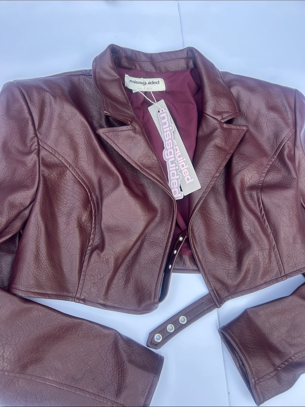 Missguided Cropped Faux Leather Jacket in Burgundy